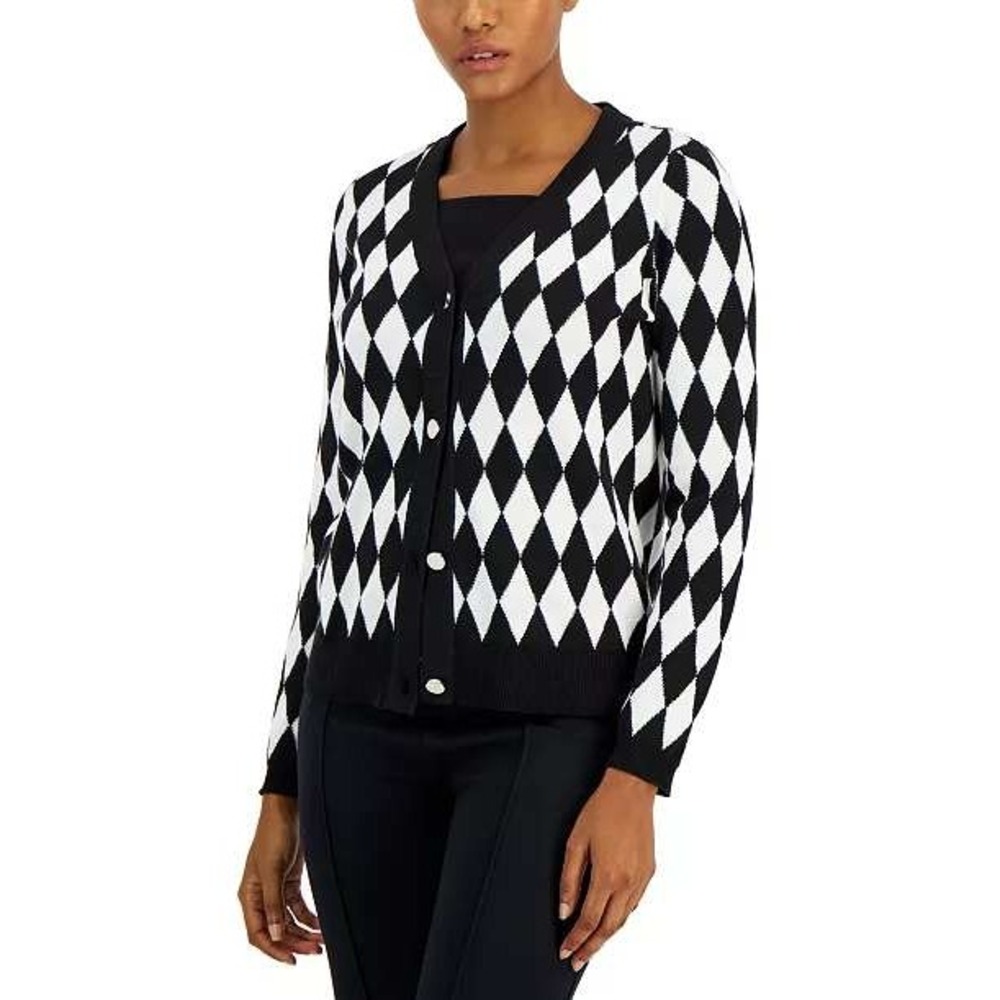 Anne Klein‎ NWT Black White Argyle Diamond Pattern Cardigan Button Front Size XS